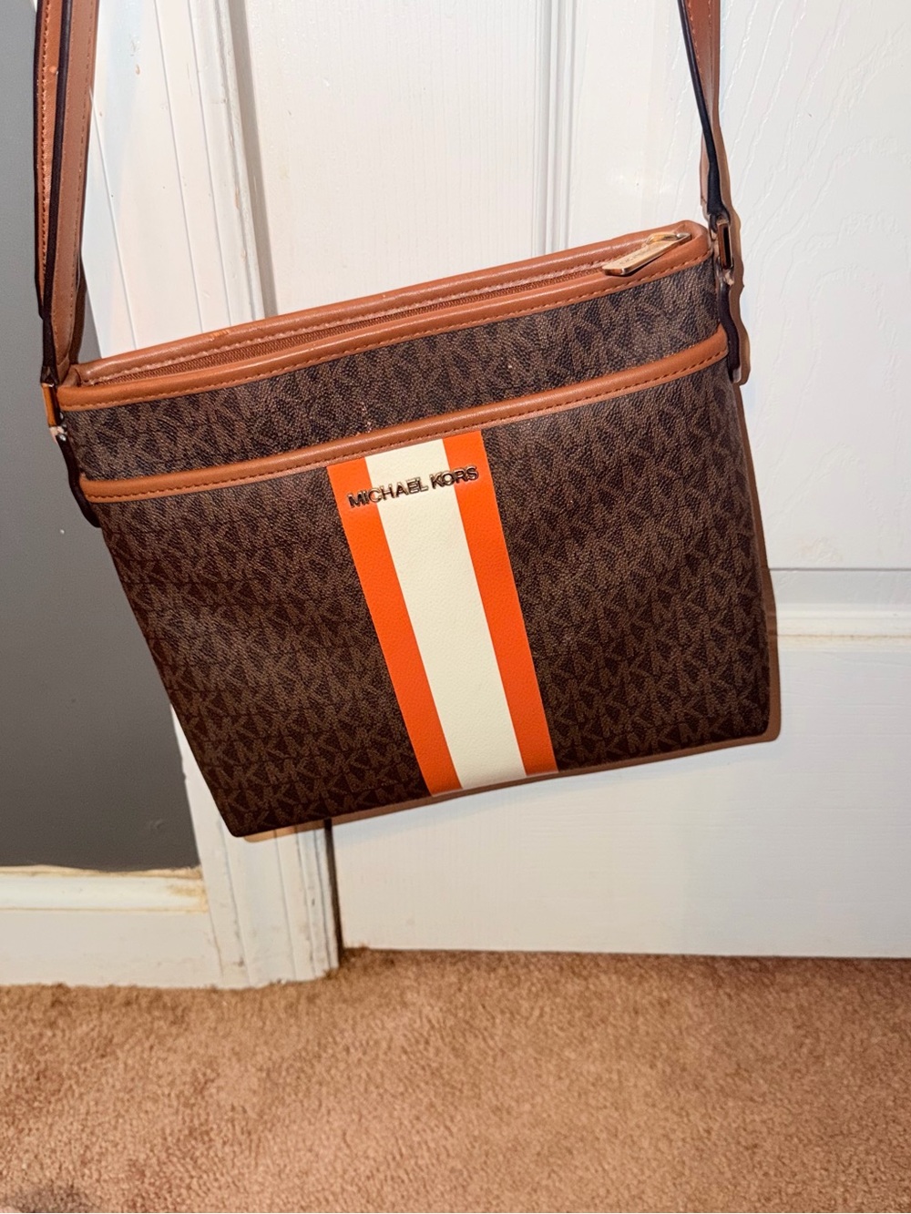 Michael Kors Men’s Brown Signature Crossbody Bag with Orange & Cream Stripe